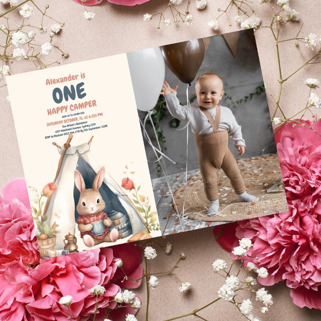 Invitation Photo One Happy Camper Wood Boys 1er anniversaire (Créateur téléchargé)