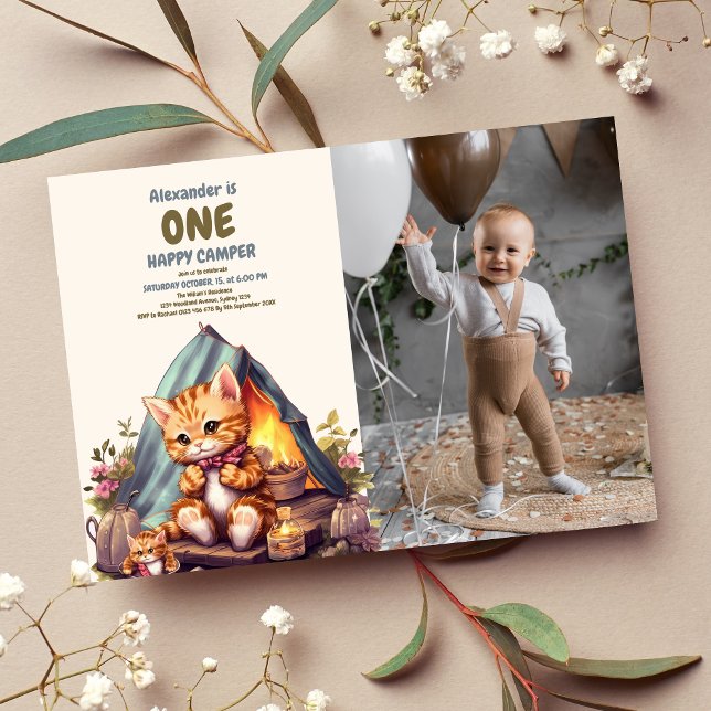 Invitation Photo One Happy Camper Woodland Chat 1er anniversa (Créateur téléchargé)