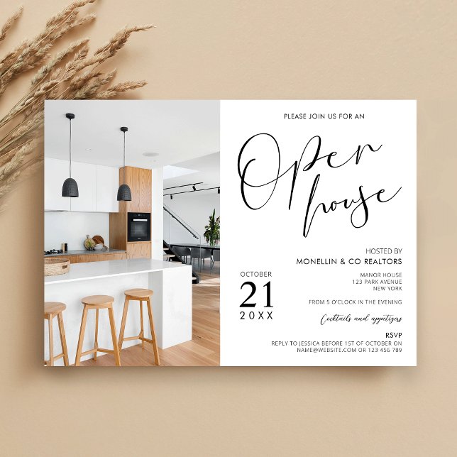 Invitation Photo Open House de Black & White (Minimalist open house invitation with space for one large photo)