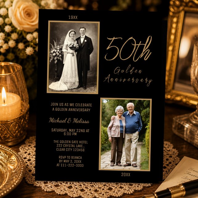 Invitation Photo Or 50e Anniversaire De Mariage Or (Timeless black and gold 50th golden anniversary invitation with elegant photo design.)