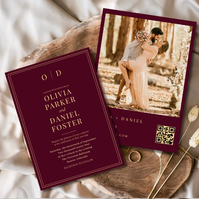 Invitation Photo or de Bourgogne moderne Mariage de code QR (Créateur téléchargé)