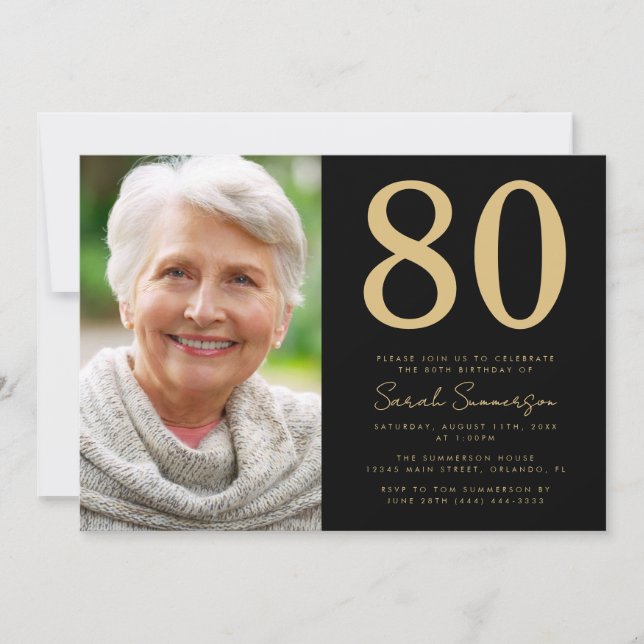 Invitation Photo Or Noir Moderne 80e Anniversaire (Devant)