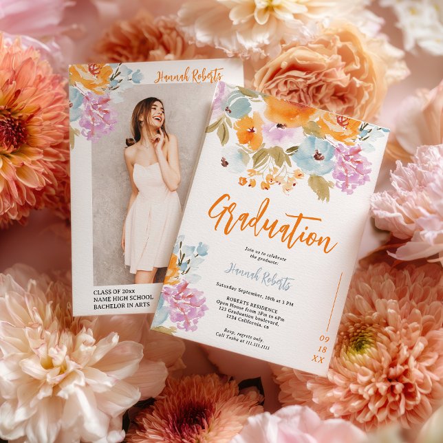 Invitation Photo Orange Violet Floral Boho diplômé (Purple Orange photo Boho floral graduation Invitation)