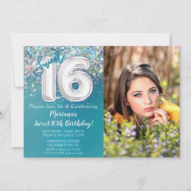 Invitation Photo Pailleté Argent Bleu Vert 16e Anniversaire (Devant)
