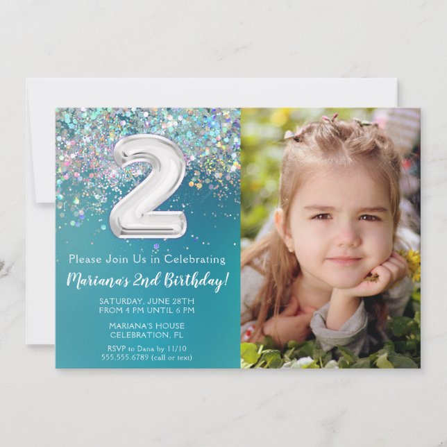 Invitation Photo Pailleté Argent Bleu Vert 2e Anniversaire (Devant)