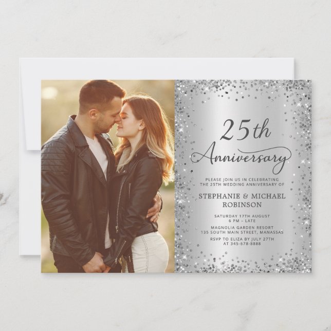 Invitation Photo Pailleté Argent Chic 25e Anniversaire de Mar (Devant)