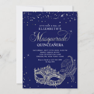 Invitation Photo Pailleté Argent Mascarade Quinceañera