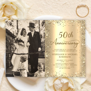 Invitation Photo Pailleté Or Moderne 50e Anniversaire de Mari
