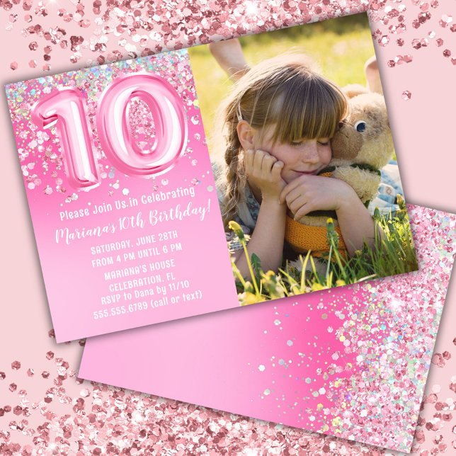 Invitation Photo Pailleté Rose 10e Anniversaire (Créateur téléchargé)