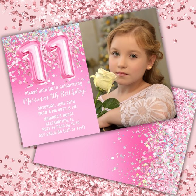 Invitation Photo Pailleté Rose 11e Anniversaire (Créateur téléchargé)