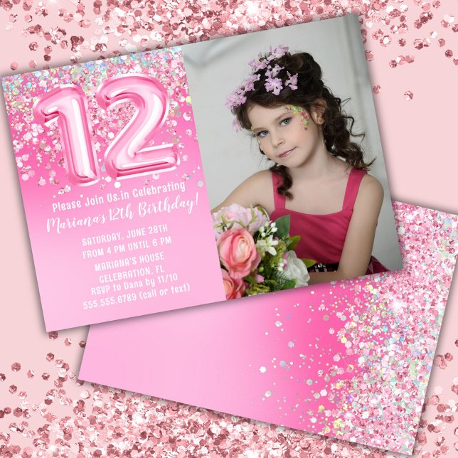 Invitation Photo Pailleté Rose 12e Anniversaire (Créateur téléchargé)