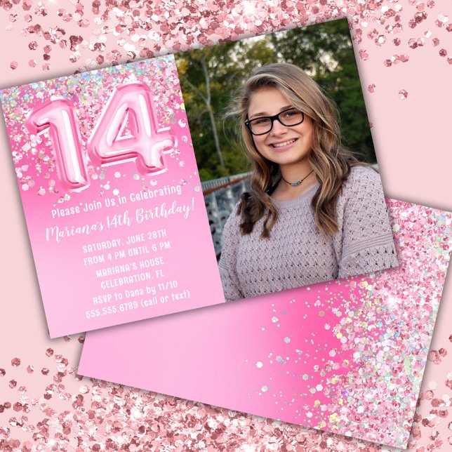Invitation Photo Pailleté Rose 14e Anniversaire (Créateur téléchargé)