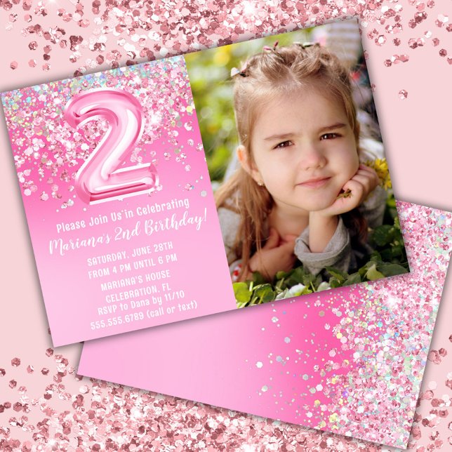 Invitation Photo Pailleté Rose 2e Anniversaire (Créateur téléchargé)