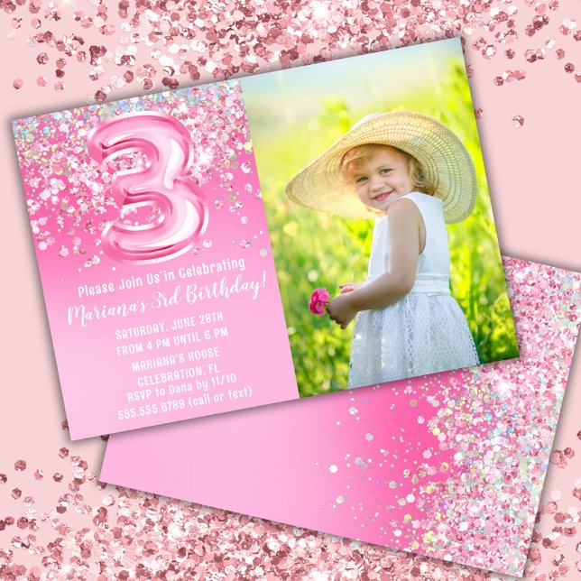 Invitation Photo Pailleté Rose 3e Anniversaire (Créateur téléchargé)