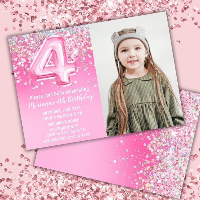 Invitation Photo Pailleté Rose 4ème Anniversaire (Créateur téléchargé)