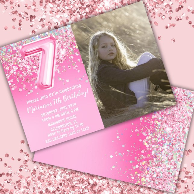 Invitation Photo Pailleté Rose 7e Anniversaire (Créateur téléchargé)