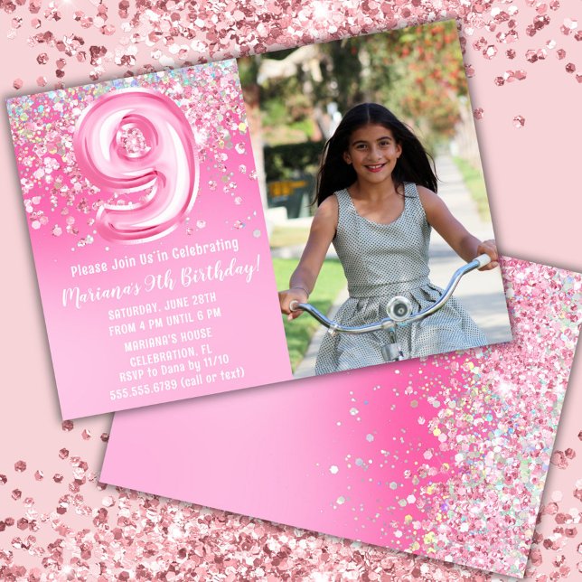 Invitation Photo Pailleté Rose 9e Anniversaire (Créateur téléchargé)