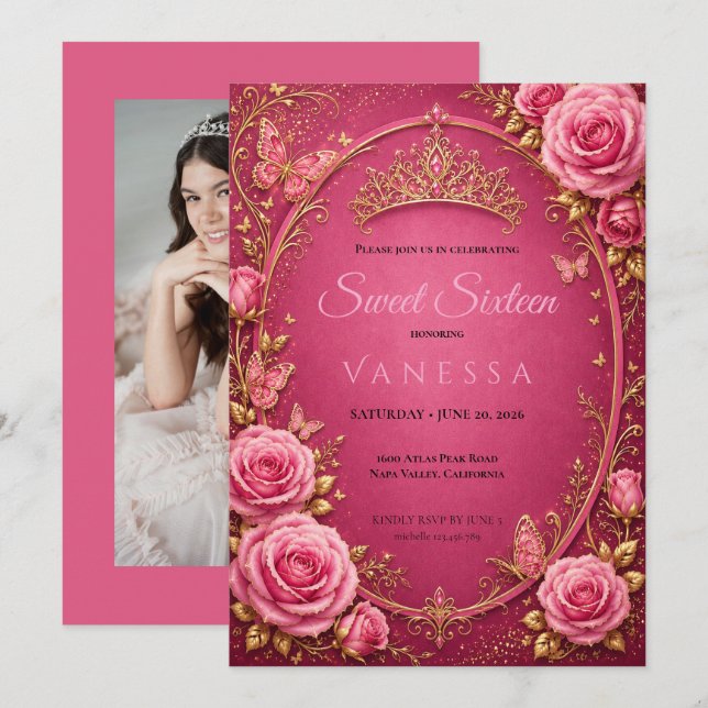 Invitation Photo papillons Princesse 16 ans doux (Devant / Derrière)