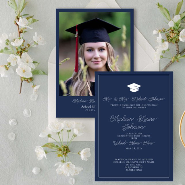 Invitation Photo Parents Navy Bleu & Blanc Graduation (Marking Milestones with Grace. #GradSuccess)