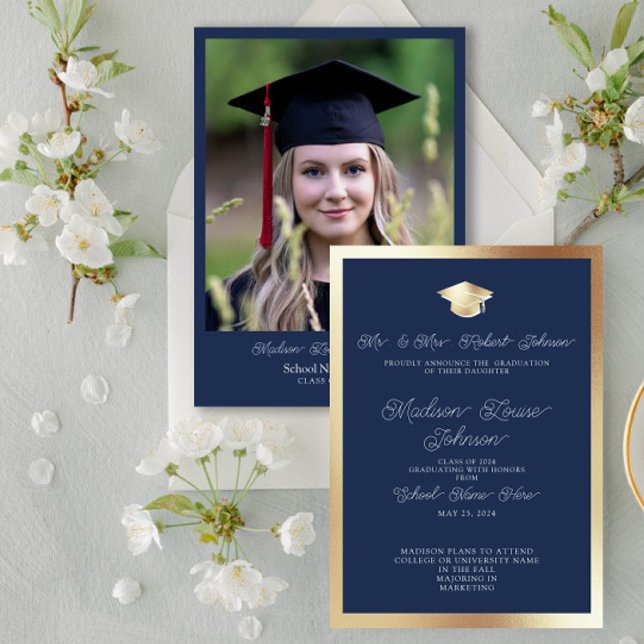 Invitation Photo Parents Navy Bleu & Gold Graduation (Marking Milestones with Grace. #GradSuccess)