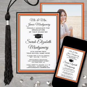 Invitation Photo & Parents Noms Orange et Black Graduation
