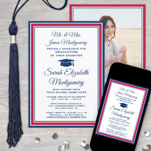 Invitation Photo & Parents Noms Rouge Blanc & Bleu Graduation
