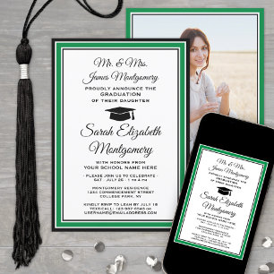 Invitation Photo & Parents Noms Vert Noir Blanc Graduation