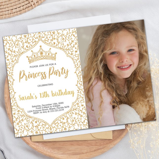 Invitation Photo Parties scintillant d'or Princesse blanche A (Photo Golden Glitter White Princess Birthday Invitation)