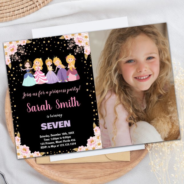 Invitation Photo Parties scintillant florale rose noir Prince (Photo Black Pink Floral Glitter Princess Invitation)