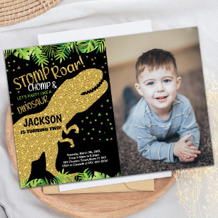 Invitation Photo Parties scintillant noire Dinosaur Invitatio