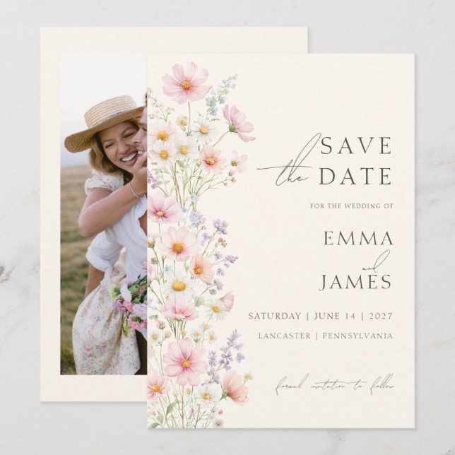Invitation Photo Pastel Wildflowers Wedding Save the Date  (Devant / Derrière)