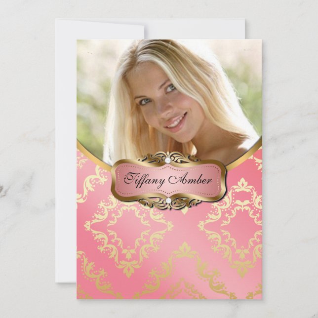 Invitation photo Peach and Gold Damask (Devant)