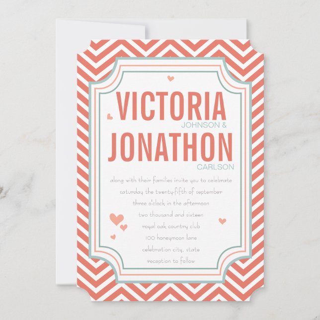 Invitation Photo Peach et Mint Zig Zag Mariage de typographie (Devant)
