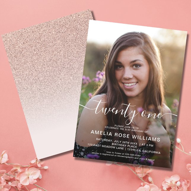 Invitation Photo personnalisée 21e anniversaire Rose Gold (Twenty One Birthday Invitation)