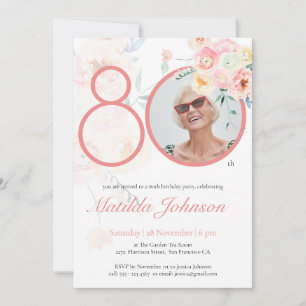 Invitation Photo personnalisée Aquarelle rose florale 80e ann