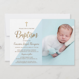 Invitation Photo personnalisée Baby Boy Baptism Gold Croix bl
