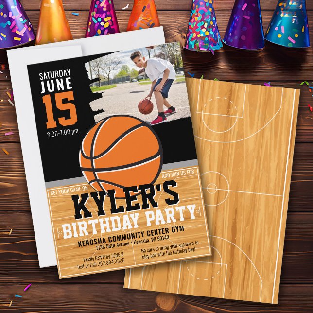 Invitation Photo personnalisée Basketball thème Garçon fête d (Sports athlete basketball court theme boy birthday party invitation, black and orange, custom photo)