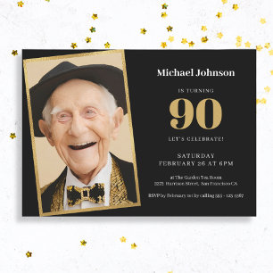 Invitation Photo personnalisée Black and Gold 90th Birthday P