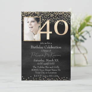 Invitation Photo personnalisée Black et Gold 40e anniversaire