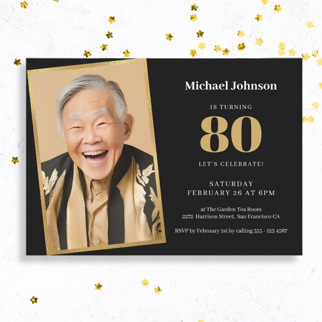 Invitation Photo personnalisée Black et Gold 80e anniversaire (Mock Up View)