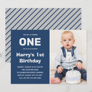 Invitation Photo personnalisée bleu gris Garçon 1er anniver
