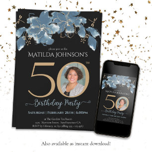 Invitation Photo personnalisée Blue Gold Floral 50e anniversa