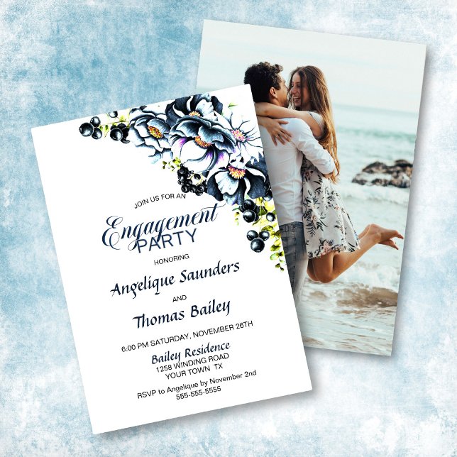 Invitation Photo personnalisée Blue Grey Floral Engagement Pa (Créateur téléchargé)