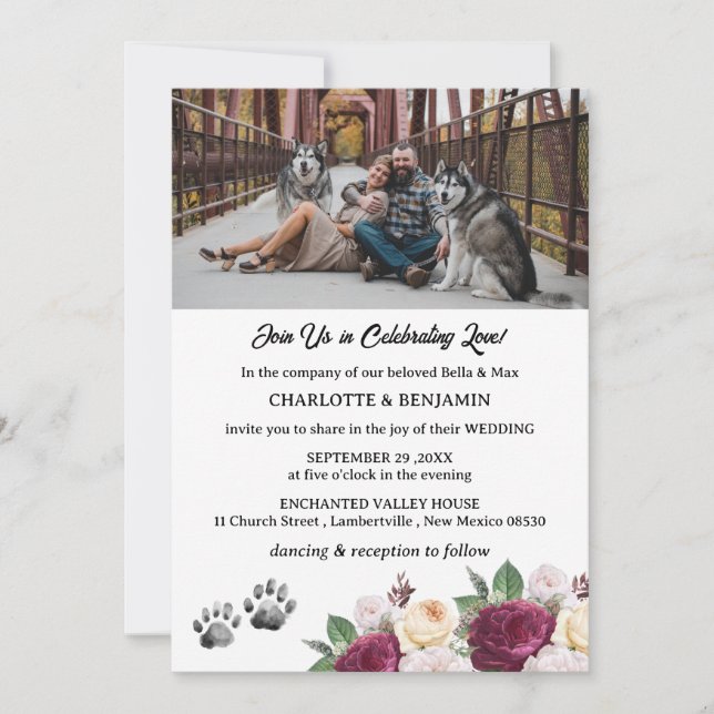 Invitation Photo personnalisée Burgundy Floral Chien Mariage  (Devant)