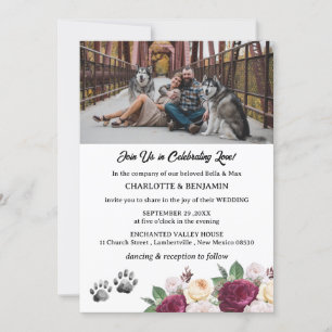 Invitation Photo personnalisée Burgundy Floral Chien Mariage