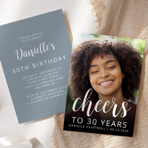Invitation Photo personnalisée Cheers Dusty Blue 30th Birthda