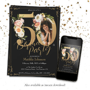 Invitation Photo personnalisée Floral Boho 50e anniversaire