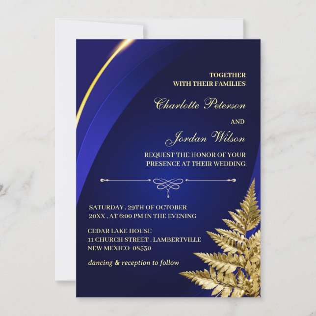 Invitation Photo personnalisée Mariage Royal Blue et Gold (Devant)