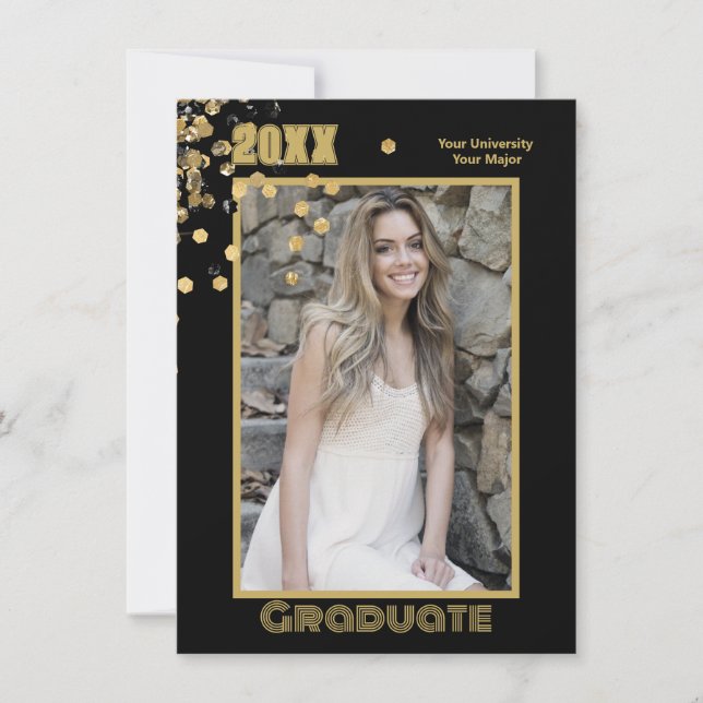 Invitation Photo personnalisée moderne Black Gold Sparkings (Devant)