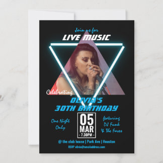 Invitation Photo personnalisée Neon et Black 30th Birthday Pa